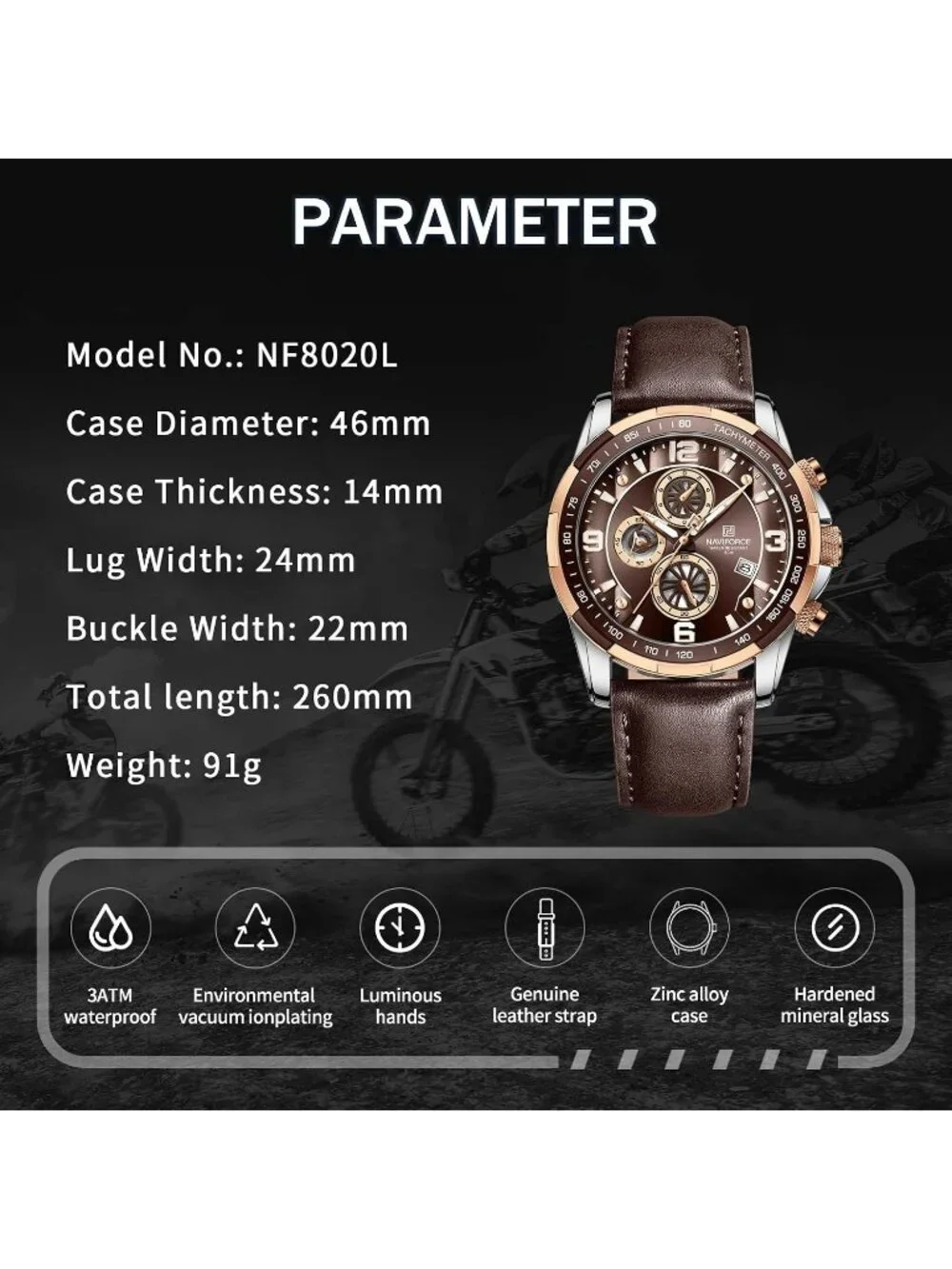 Men's Coffee Analog Quartz Chronograph Leather Strap Sport Fashion Wrist Watch
